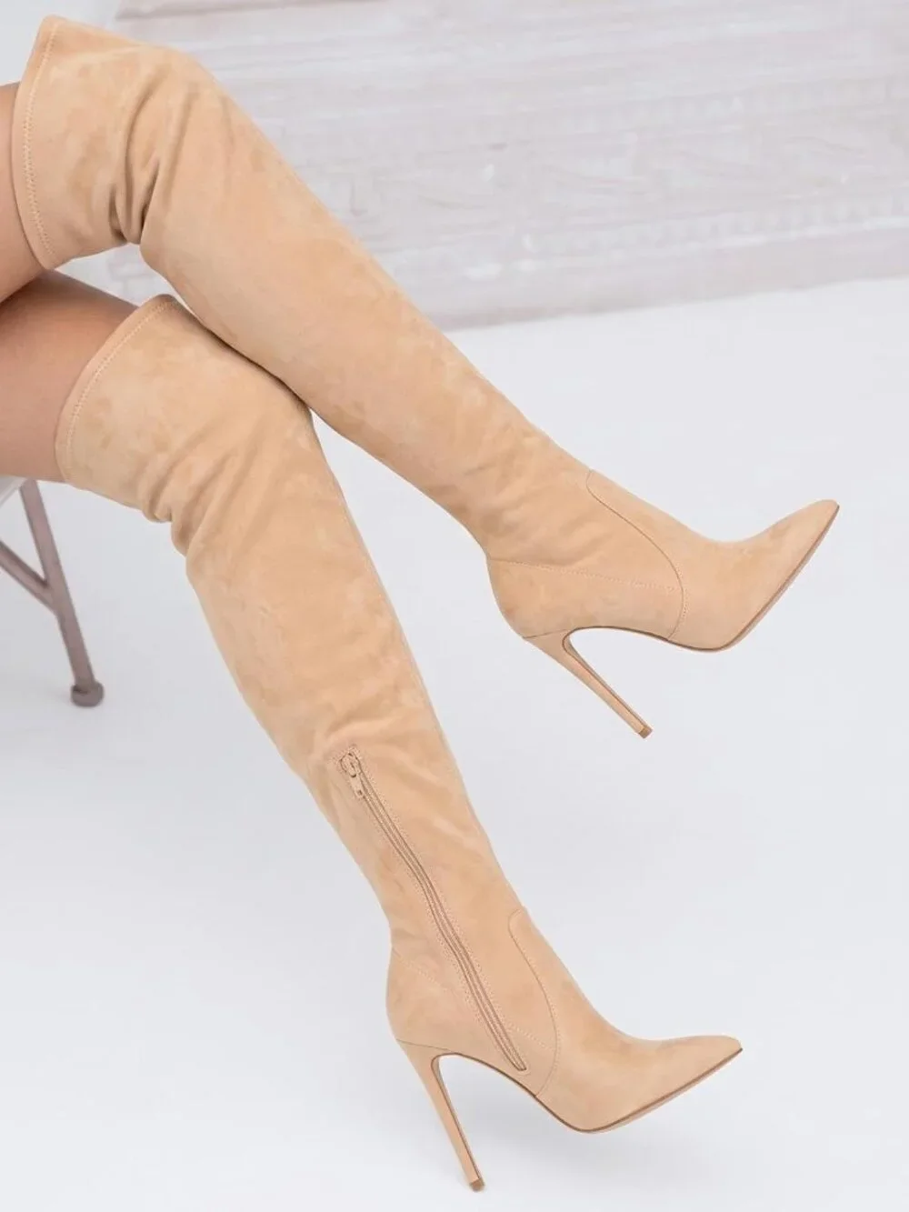 Women's Nude Faux Suede Pointed Toe Over-the-Knee Thigh High Stiletto Heel Boot